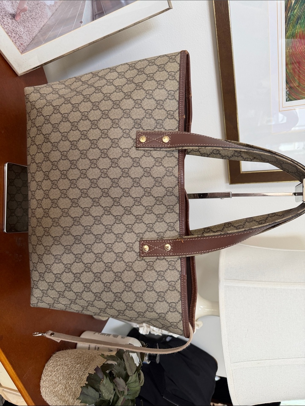 Gucci Beige GG Coated Canvas Tote with Brown Leather Handles - Picture 8 of 16